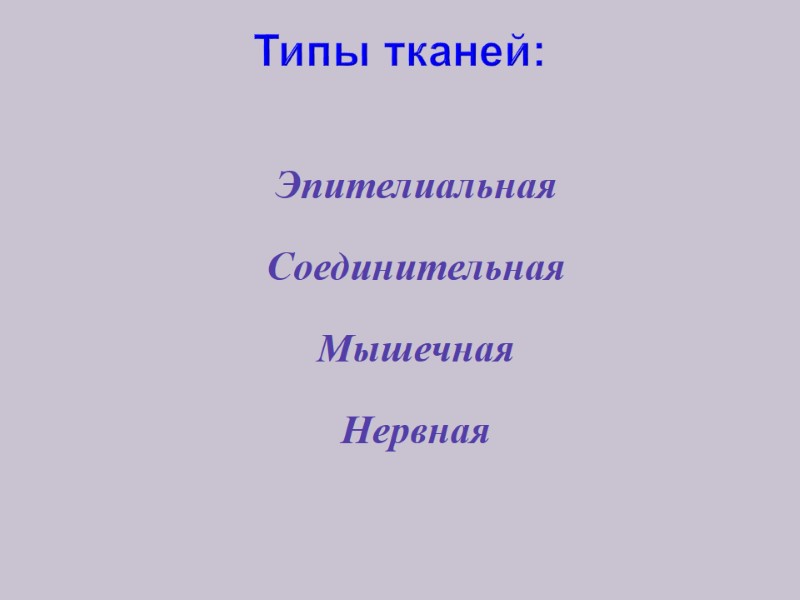 Типы тканей:  Эпителиальная Соединительная Мышечная Нервная